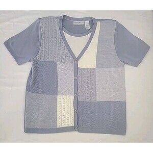 Alfred Dunner patchwork cardigan in a blue and white colorway Petite L